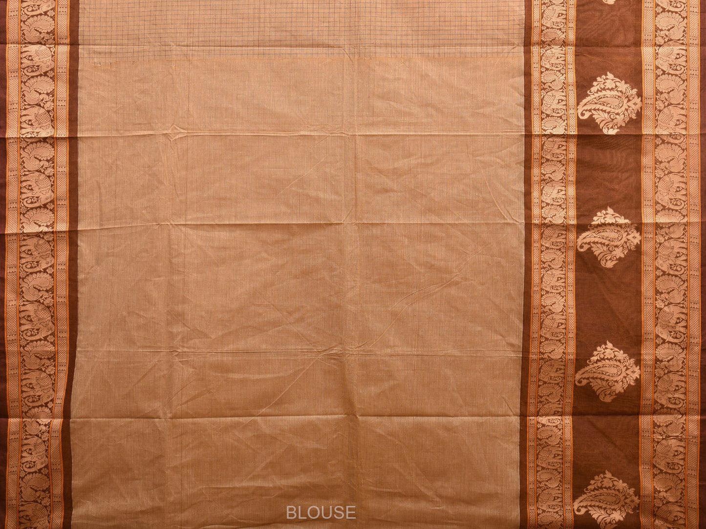 Fawn Kanchipuram Cotton Saree with Checks and Mango Border Design k0692