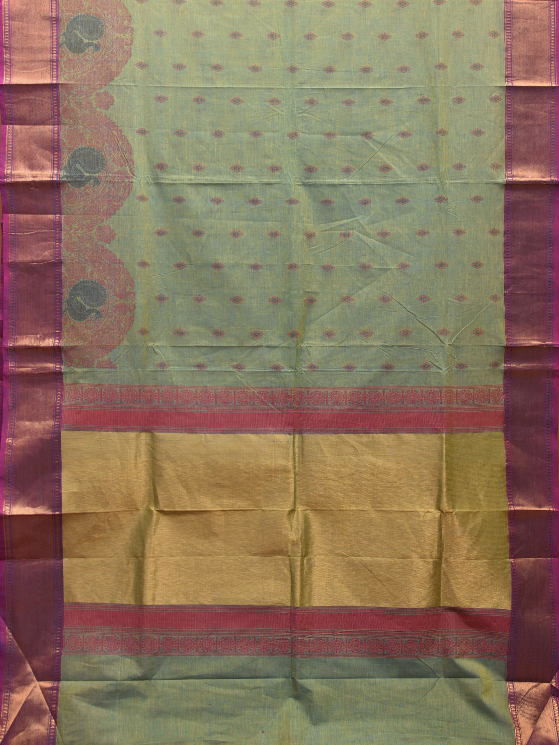 Turquoise Kanchipuram Cotton Saree with Buta and One Side Peacock Border Design k0696