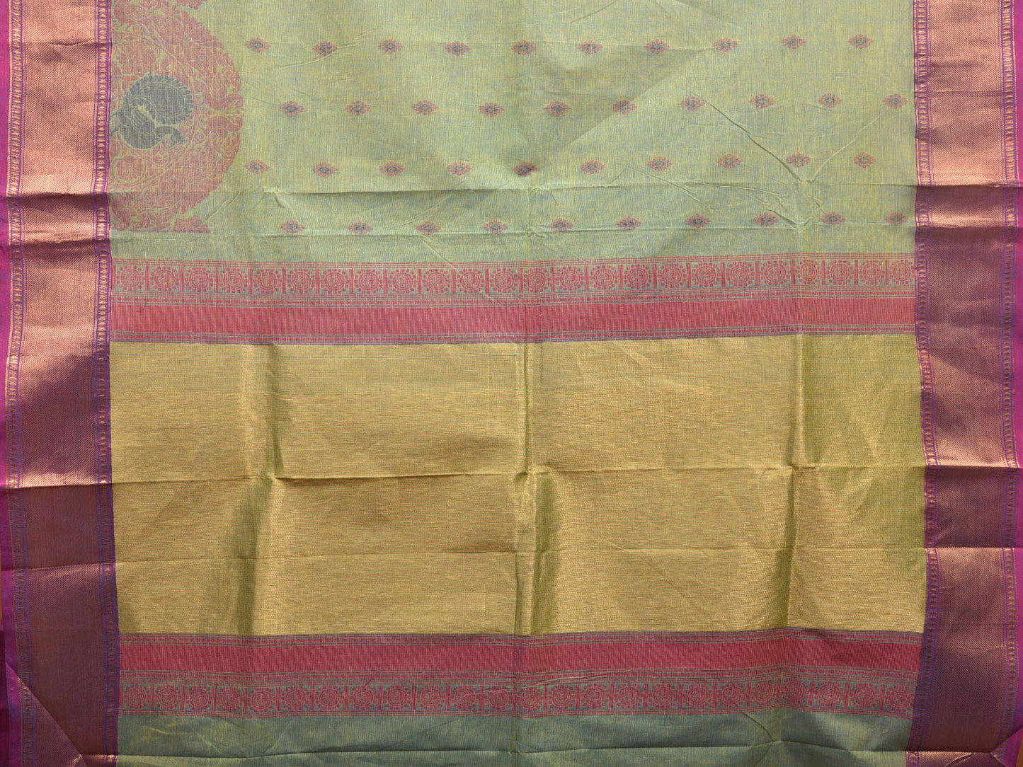 Turquoise Kanchipuram Cotton Saree with Buta and One Side Peacock Border Design k0696