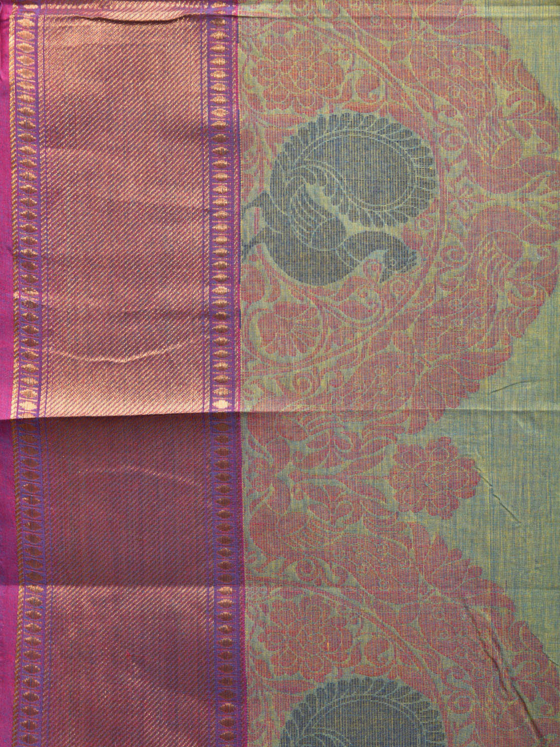 Turquoise Kanchipuram Cotton Saree with Buta and One Side Peacock Border Design k0696
