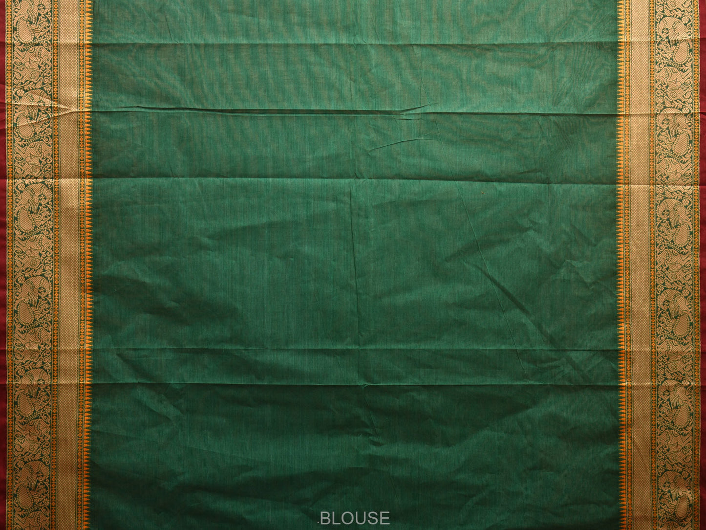 Green Kanchipuram Cotton Plain Saree with Strips Pallu and Peacock Border Design k0704