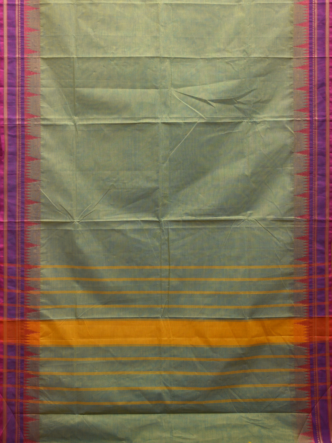 Turquoise and Purple Kanchipuram Cotton Plain Saree with Strips Pallu and Temple Border Design k0708