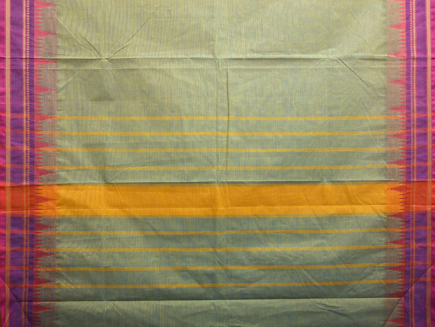 Turquoise and Purple Kanchipuram Cotton Plain Saree with Strips Pallu and Temple Border Design k0708