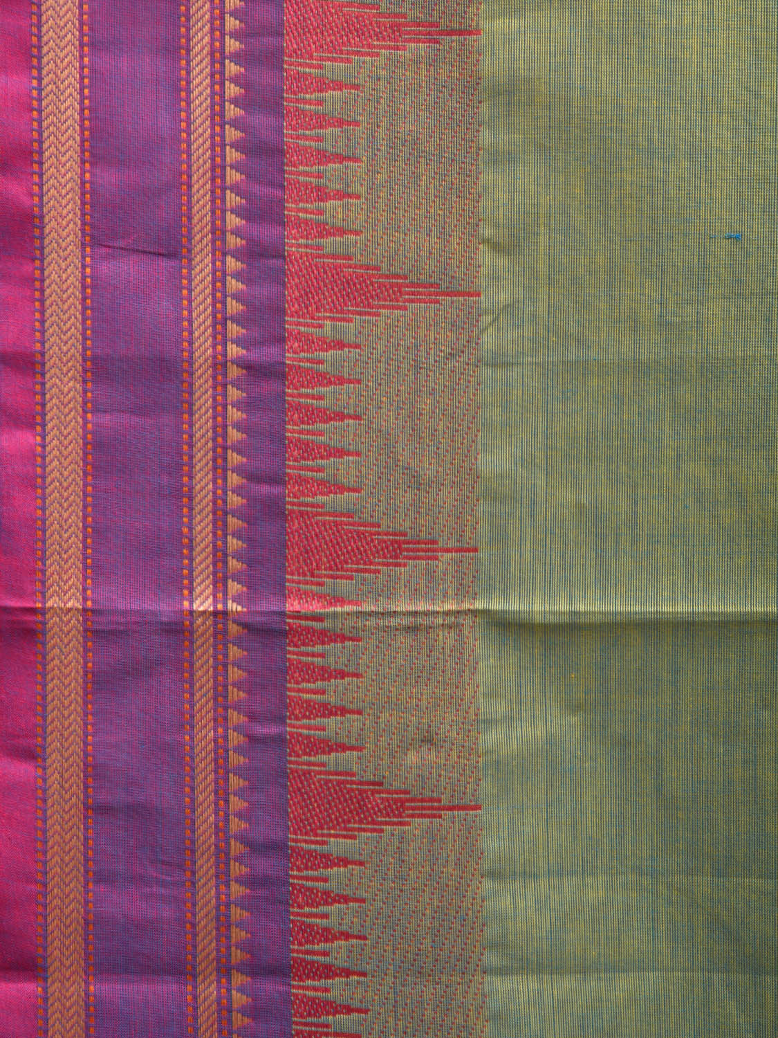 Turquoise and Purple Kanchipuram Cotton Plain Saree with Strips Pallu and Temple Border Design k0708