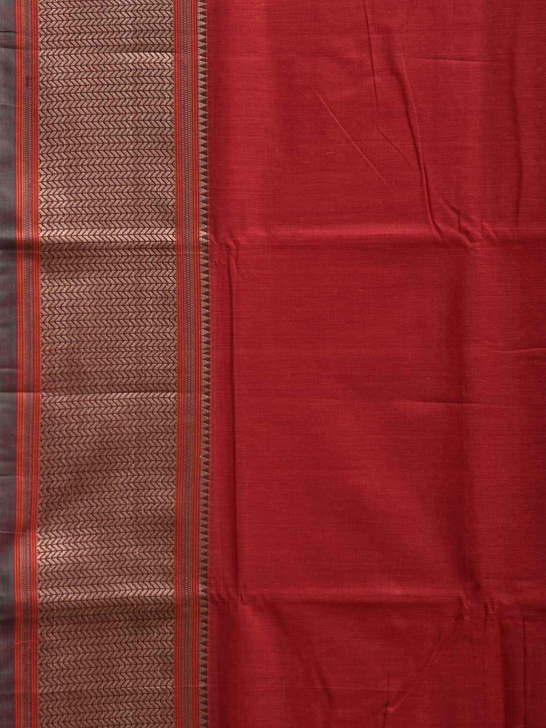 Red Kanchipuram Cotton Plain Saree with Strips Pallu Design No Blouse k0873