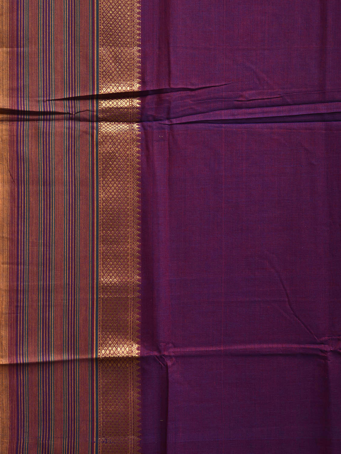 Purple Kanchipuram Cotton Plain Saree with Strips Pallu and Border Design No Blouse k0875