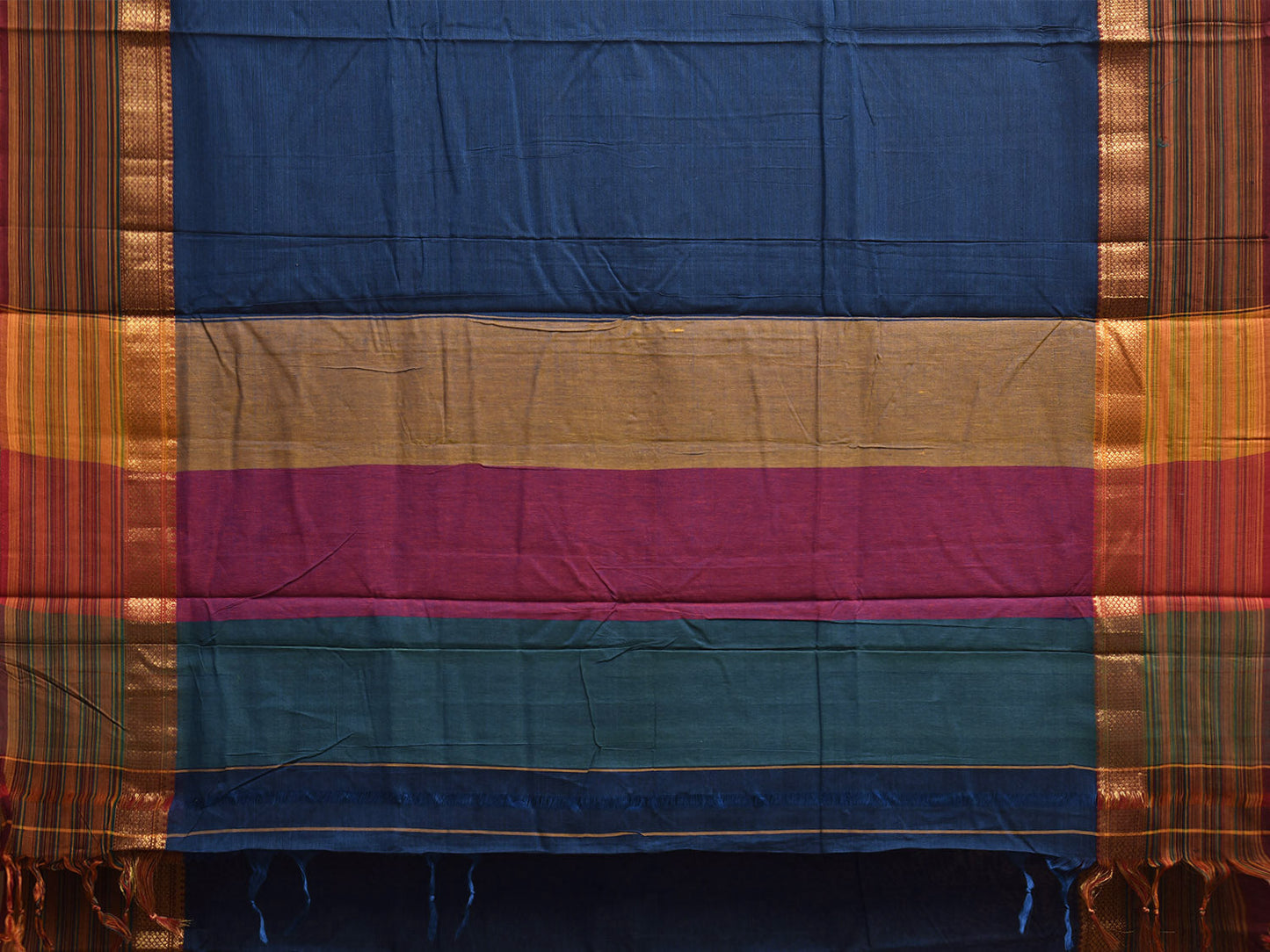 Dark Blue Kanchipuram Cotton Plain Saree with Strips Pallu and Border Design No Blouse k0878