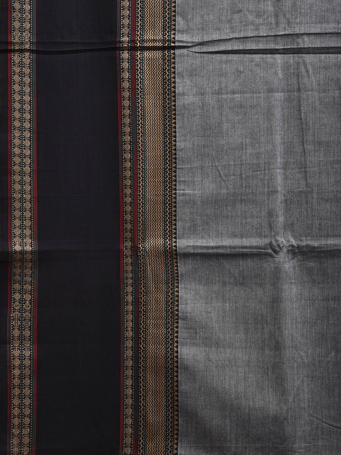 Grey and Black Kanchipuram Cotton Plain Saree with Strips Pallu and Bog Border Design k0880