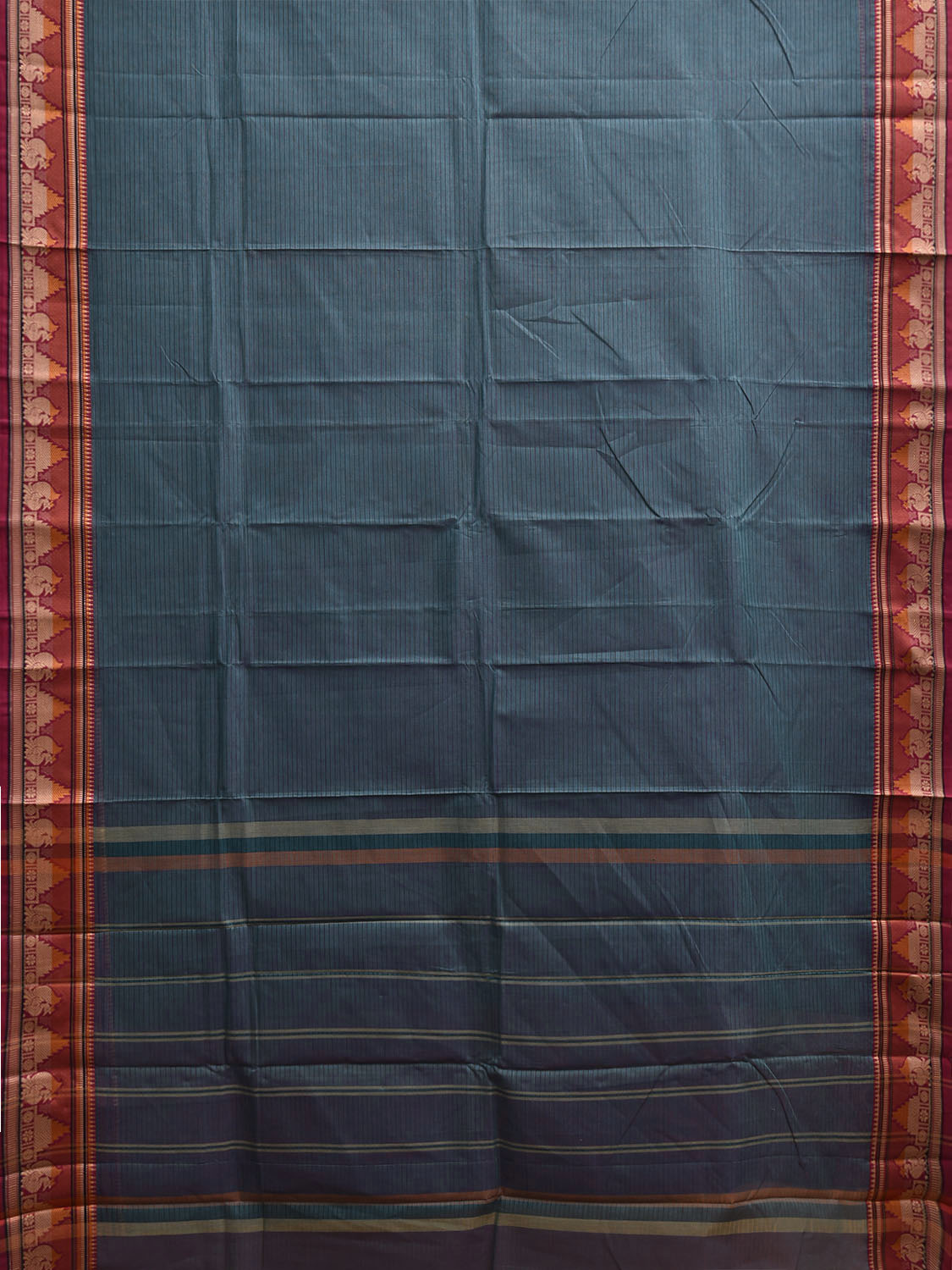 Teal and Pink Kanchipuram Cotton Saree with Strips and Border Design k0882