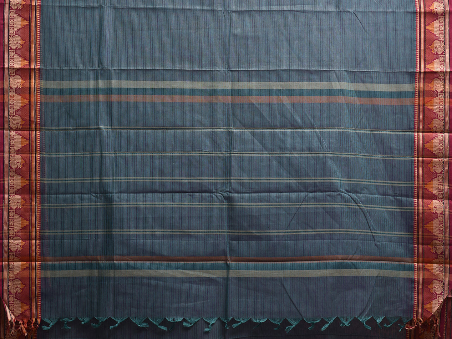 Teal and Pink Kanchipuram Cotton Saree with Strips and Border Design k0882