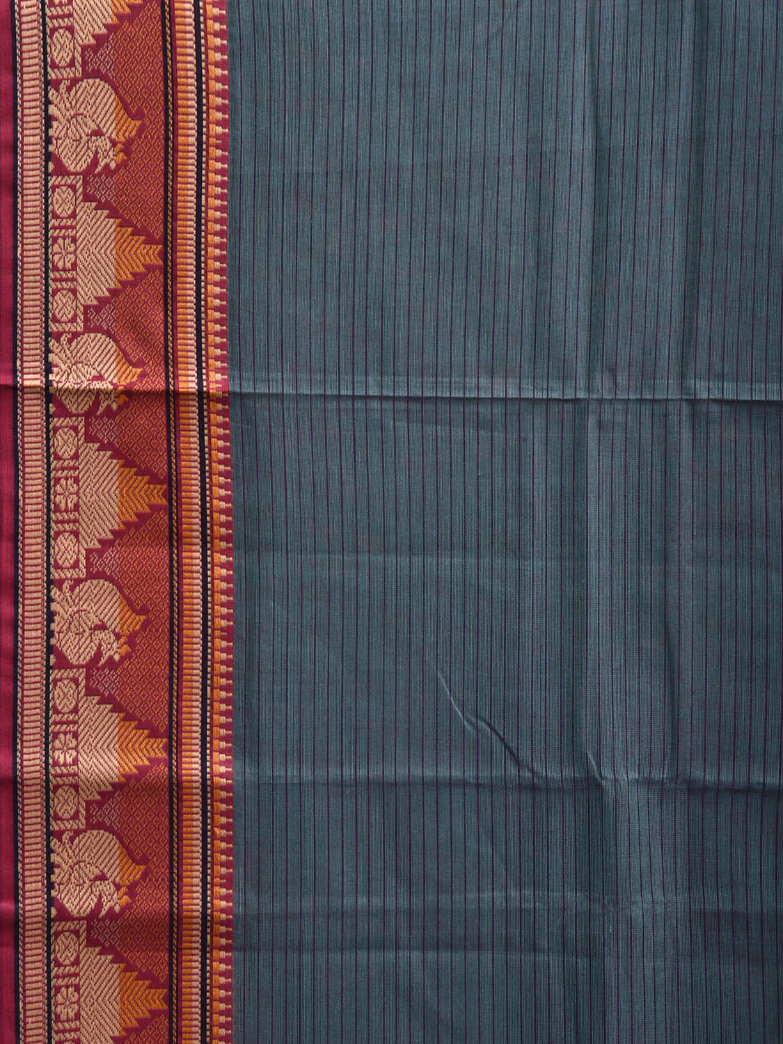 Teal and Pink Kanchipuram Cotton Saree with Strips and Border Design k0882