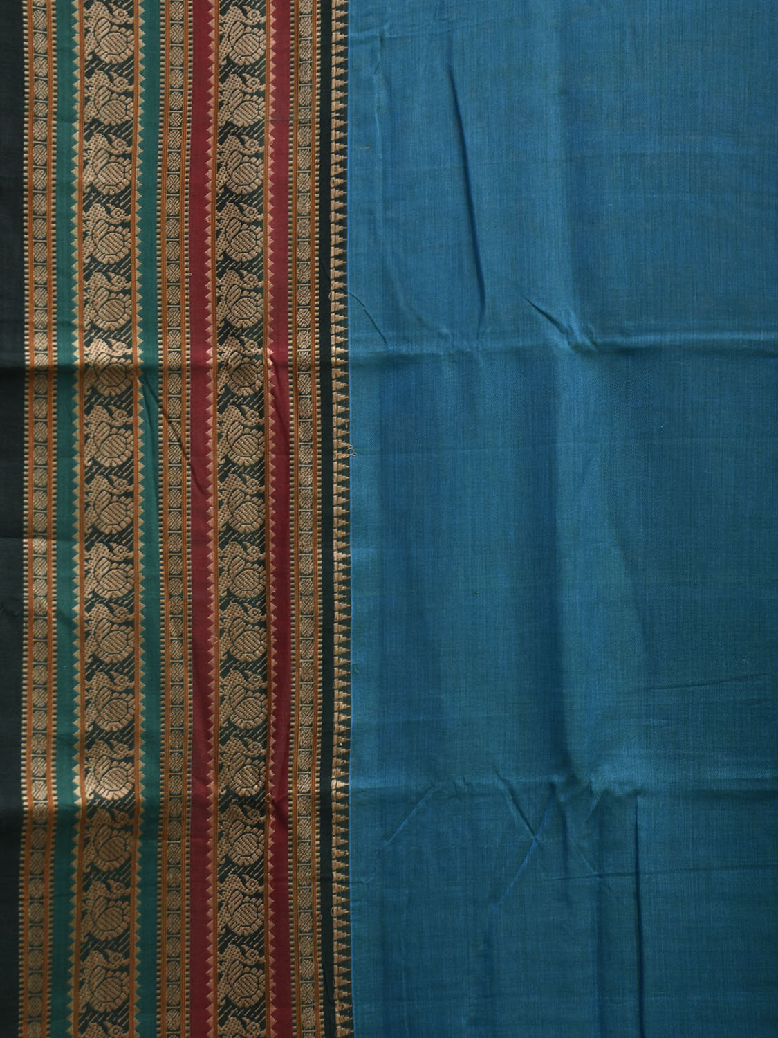 Blue Kanchipuram Cotton Plain Saree with Strips Pallu and Big Border Design No Blouse k0885