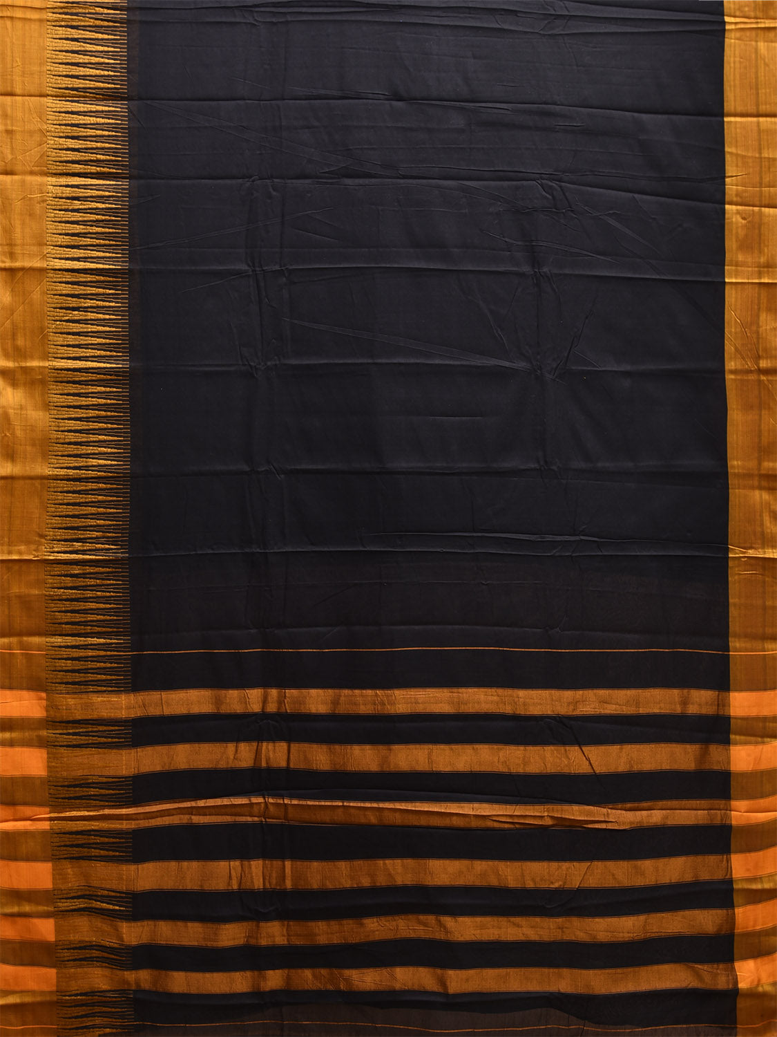 Black and Yellow Kanchipuram Cotton Plain Saree with Strips Pallu and Big Temple Border Design No Blouse k0894