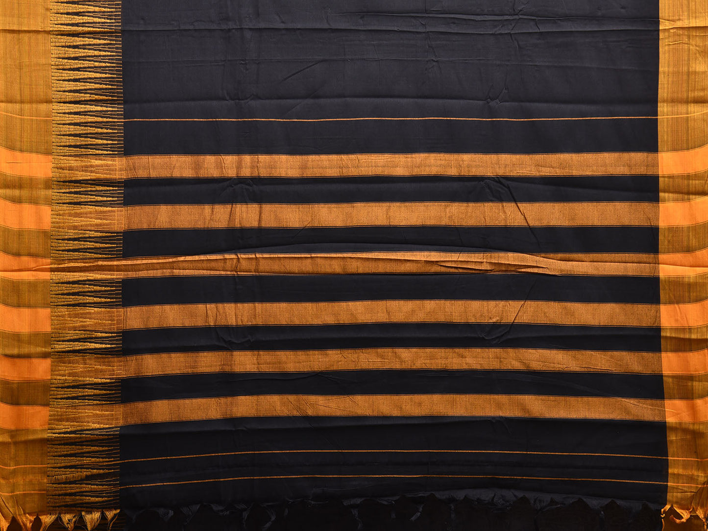 Black and Yellow Kanchipuram Cotton Plain Saree with Strips Pallu and Big Temple Border Design No Blouse k0894