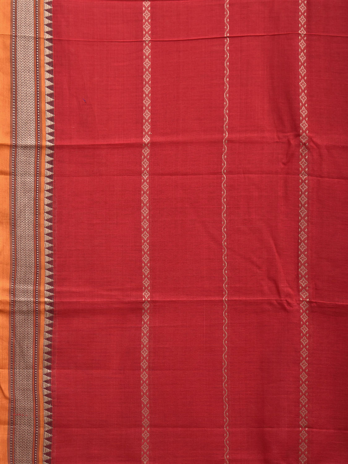 Red and Yellow Kanchipuram Cotton Saree with Strips and Small Border Design No Blouse k0895