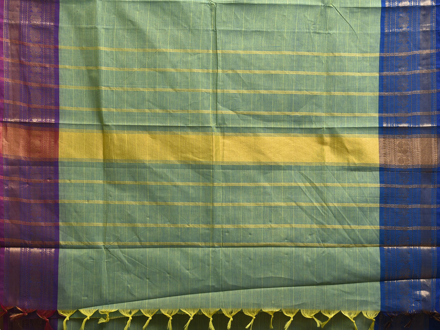 Turquoise Kanchipuram Cotton Saree with Ganga-Jamuna Border Design k0902