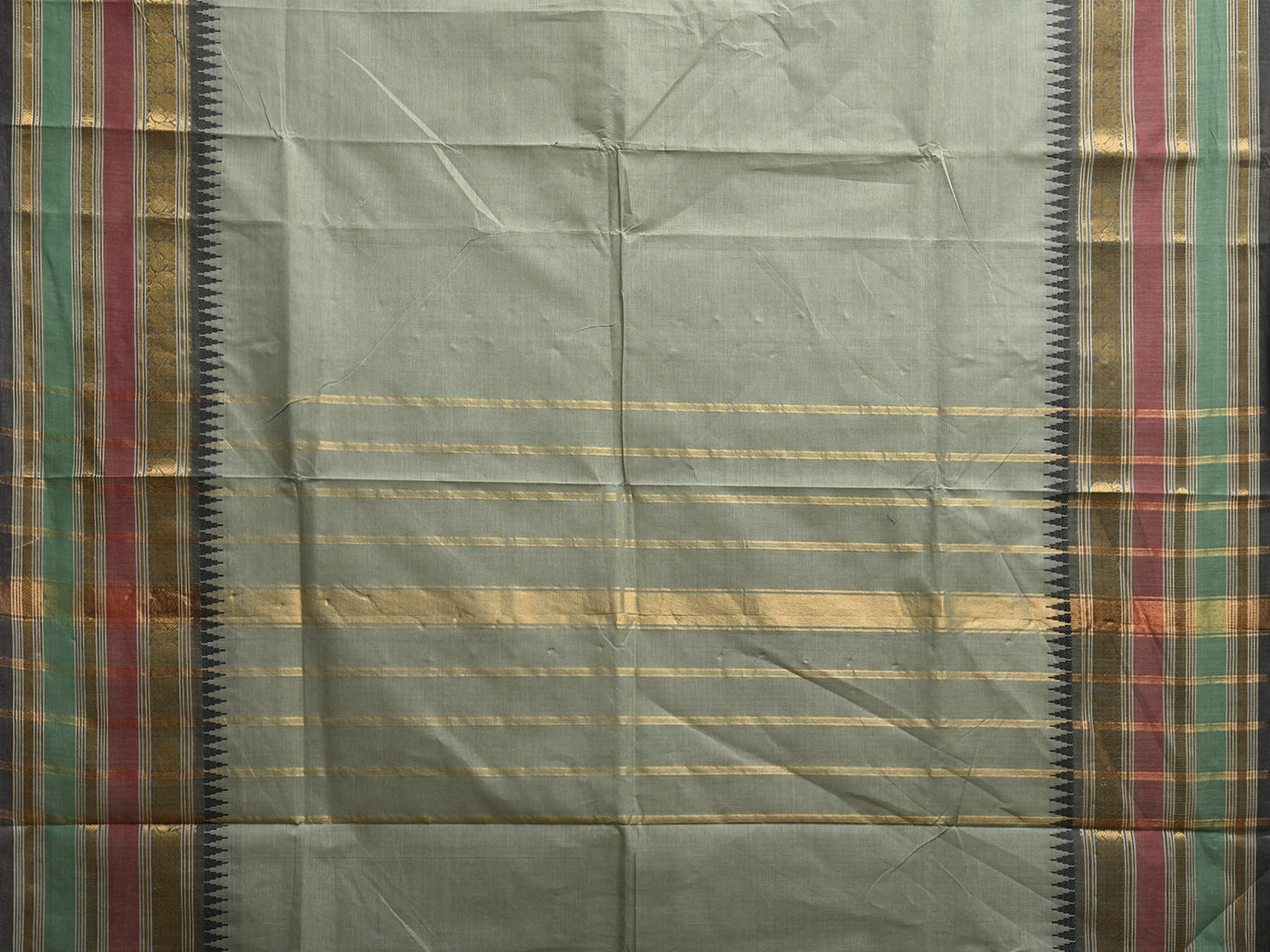 Sea Green Kanchipuram Cotton Plain Saree with Temple Border and Strips Pallu Design k0909
