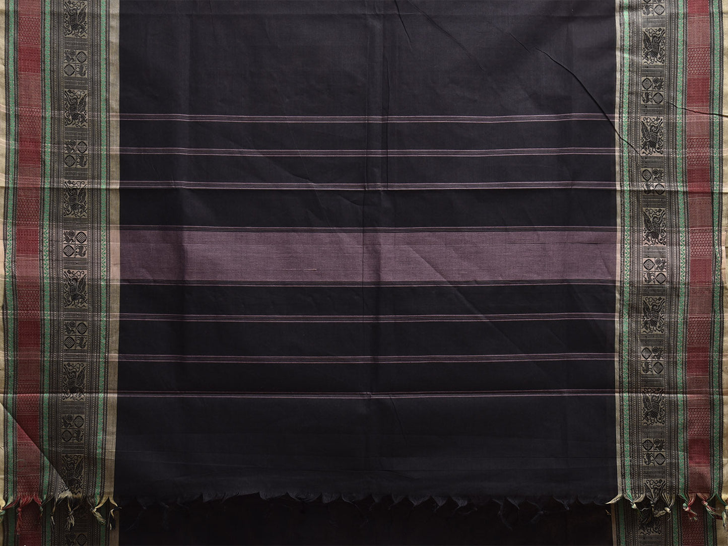 Black Kanchipuram Cotton Plain Saree with Border and Strips Pallu Design k0911