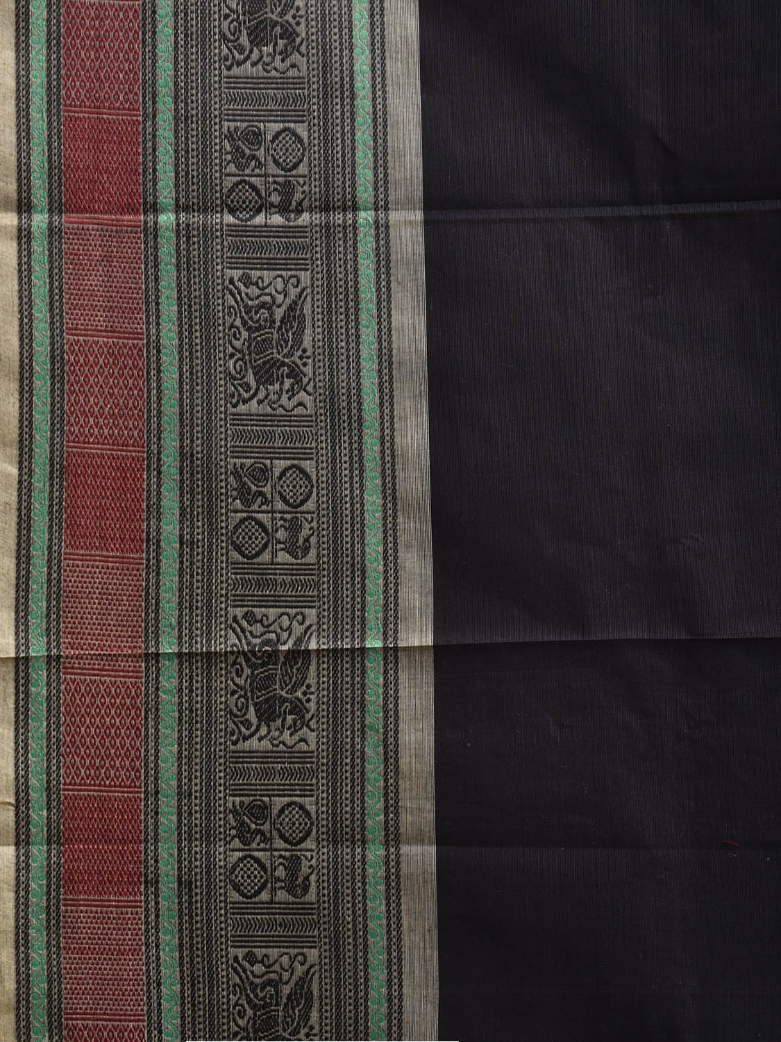 Black Kanchipuram Cotton Plain Saree with Border and Strips Pallu Design k0911