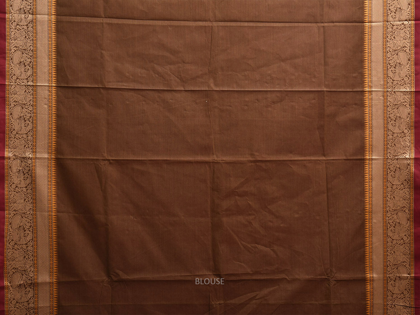 Rust Kanchipuram Cotton Plain Saree with Temple Border and Strips Pallu Design k0912