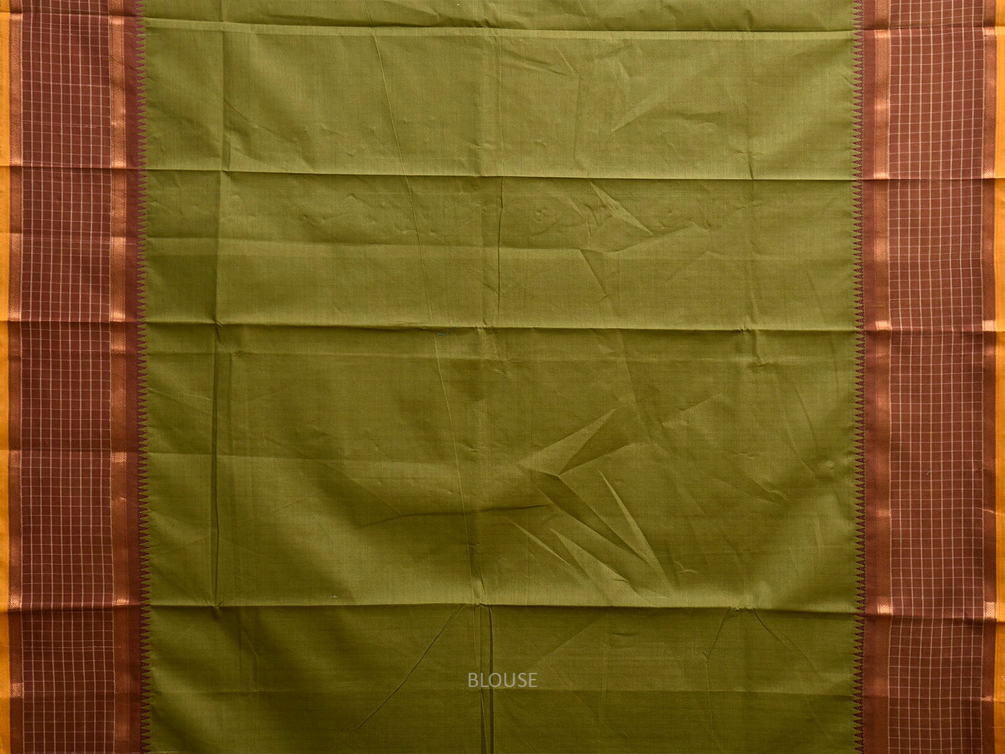 Green and Brown Kanchipuram Cotton Plain Saree with Checks Border Design k0913