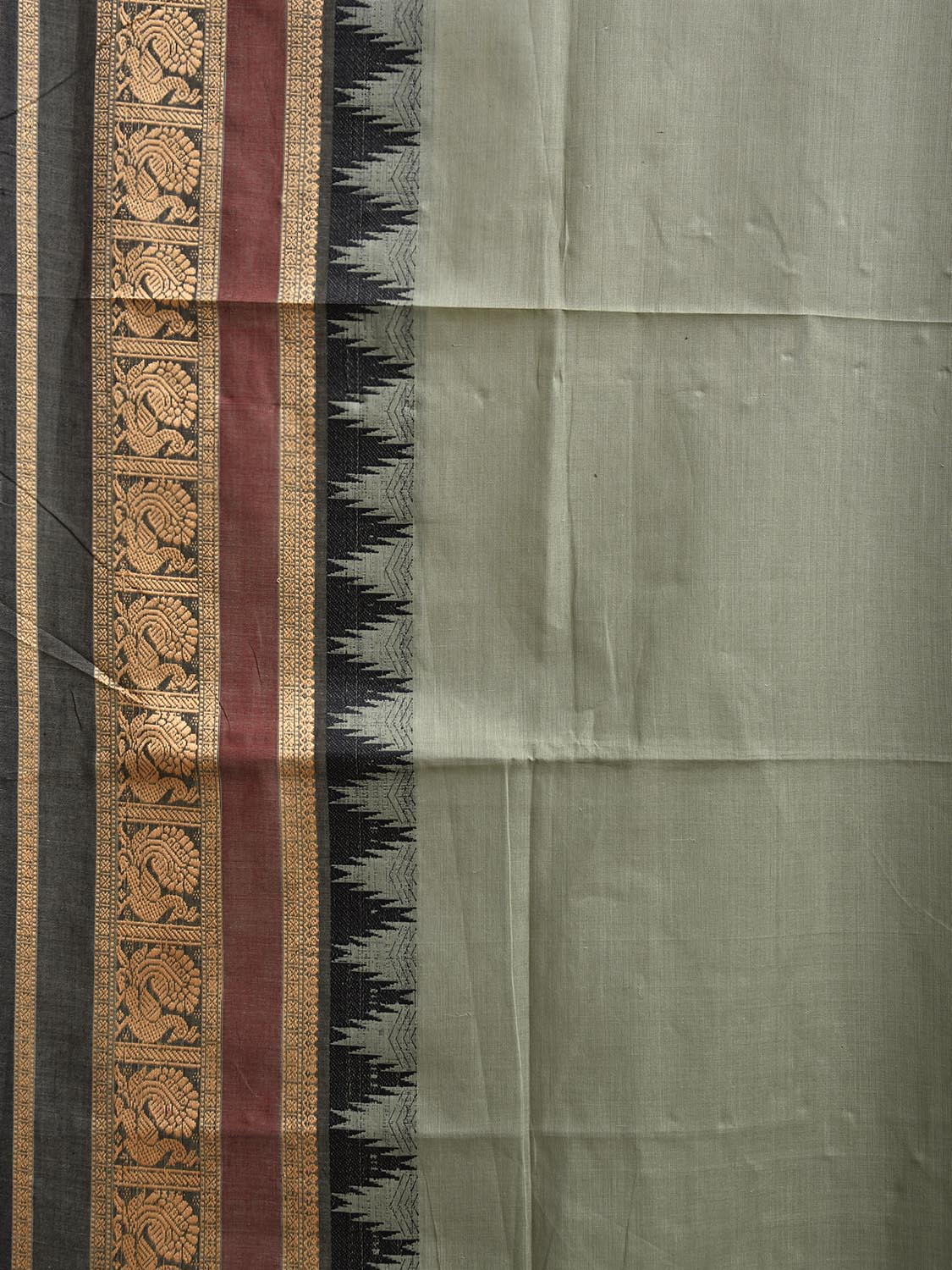 Sea Green and Black Kanchipuram Cotton Plain Saree with Temple Border Design k0914