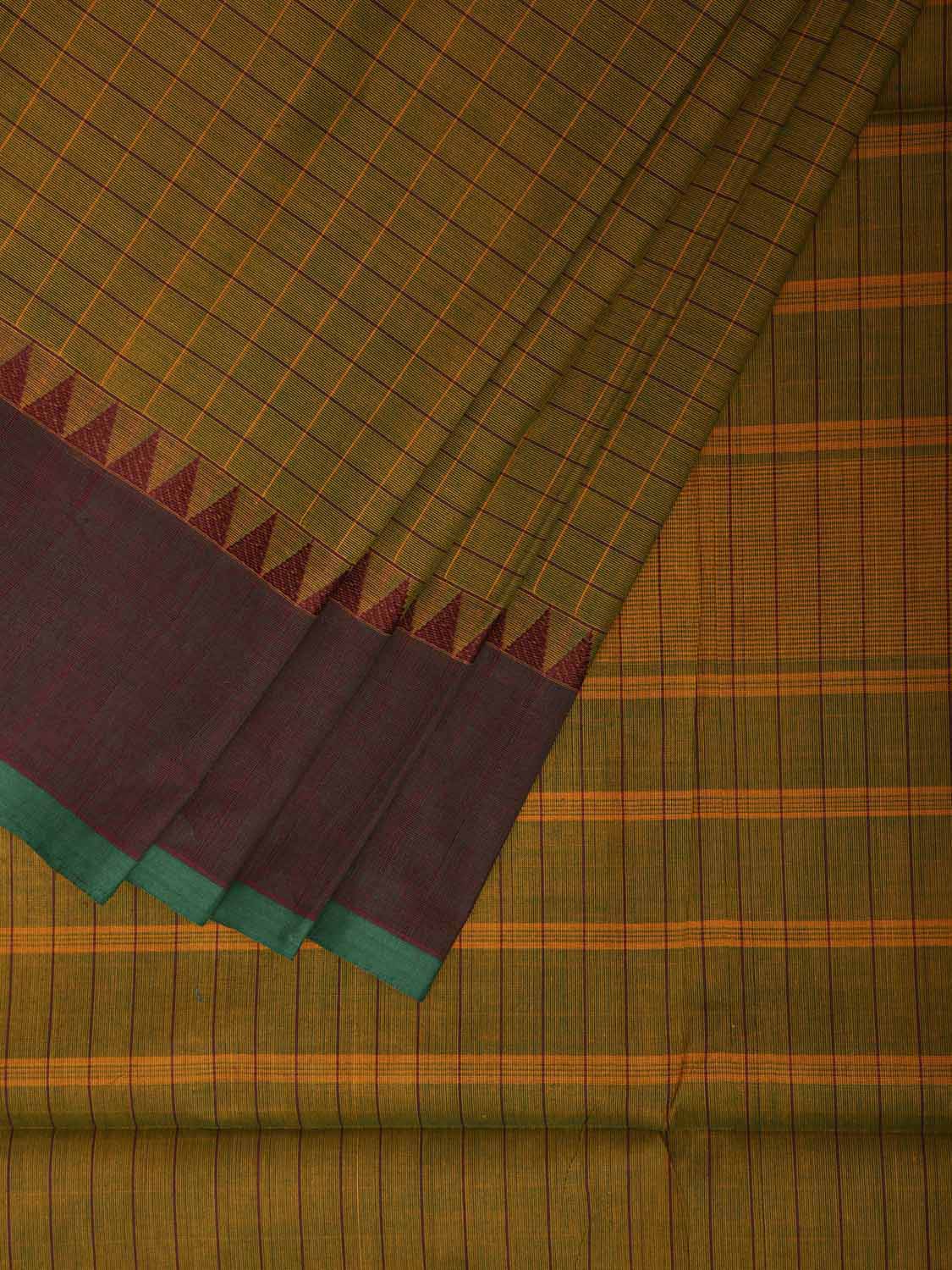 Green and Yellow Kanchipuram Cotton Saree with Checks and Strips Pallu Design k0916