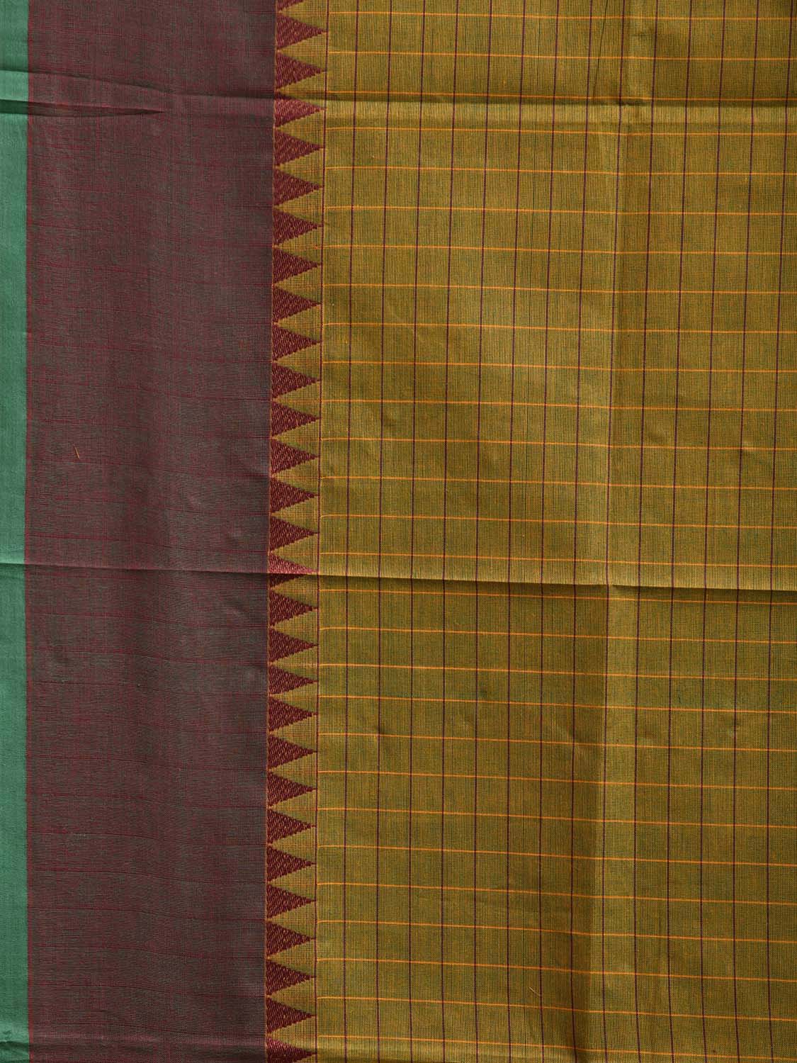 Green and Yellow Kanchipuram Cotton Saree with Checks and Strips Pallu Design k0916