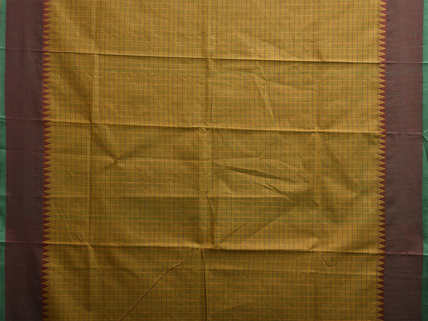 Green and Yellow Kanchipuram Cotton Saree with Checks and Strips Pallu Design k0916