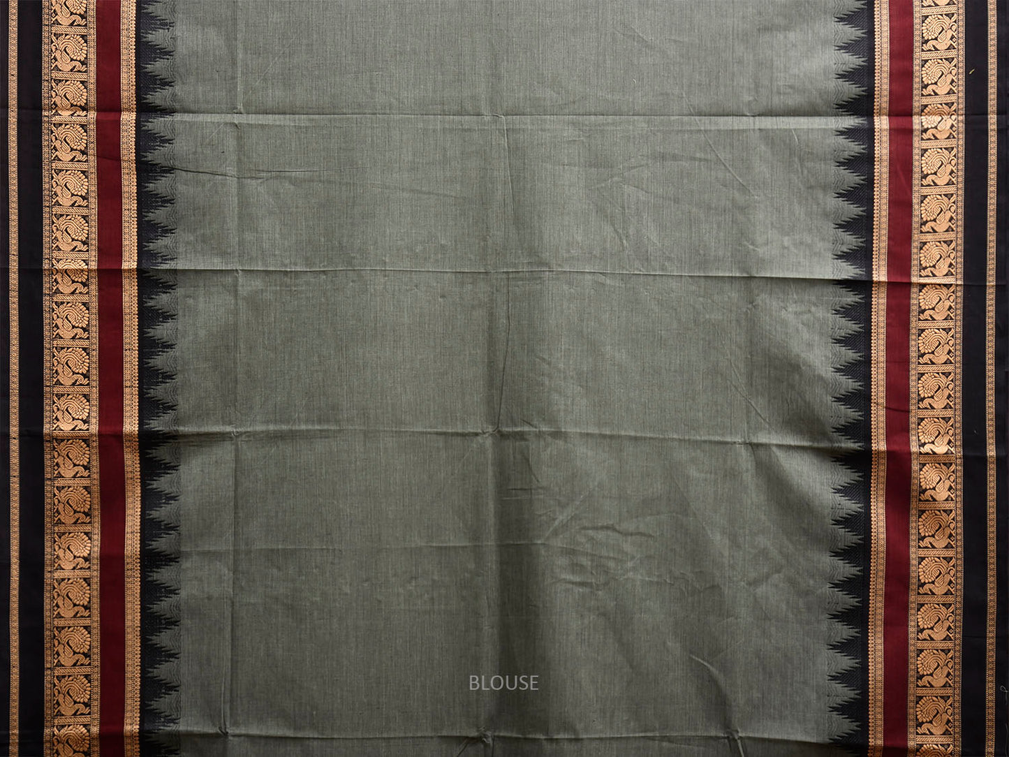 Grey and Black Kanchipuram Cotton Plain Saree with Temple Border Design k0919