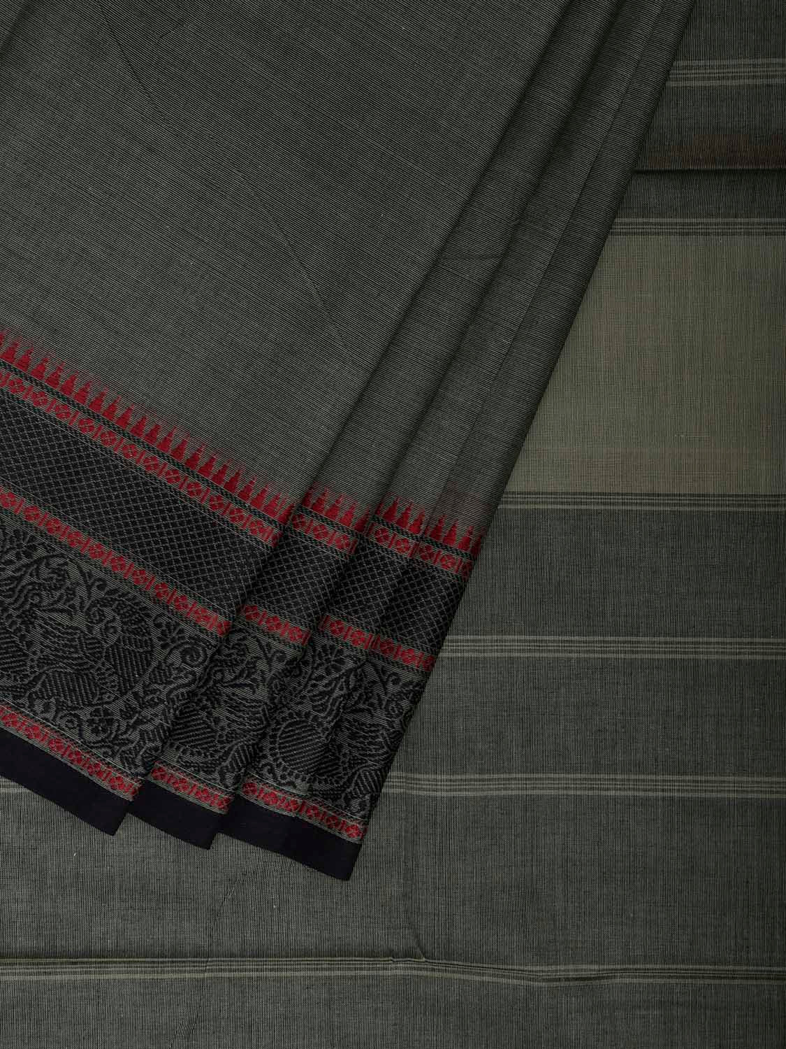 Sea Green and Black Kanchipuram Cotton Plain Saree with Border and Strips Pallu Design k0922