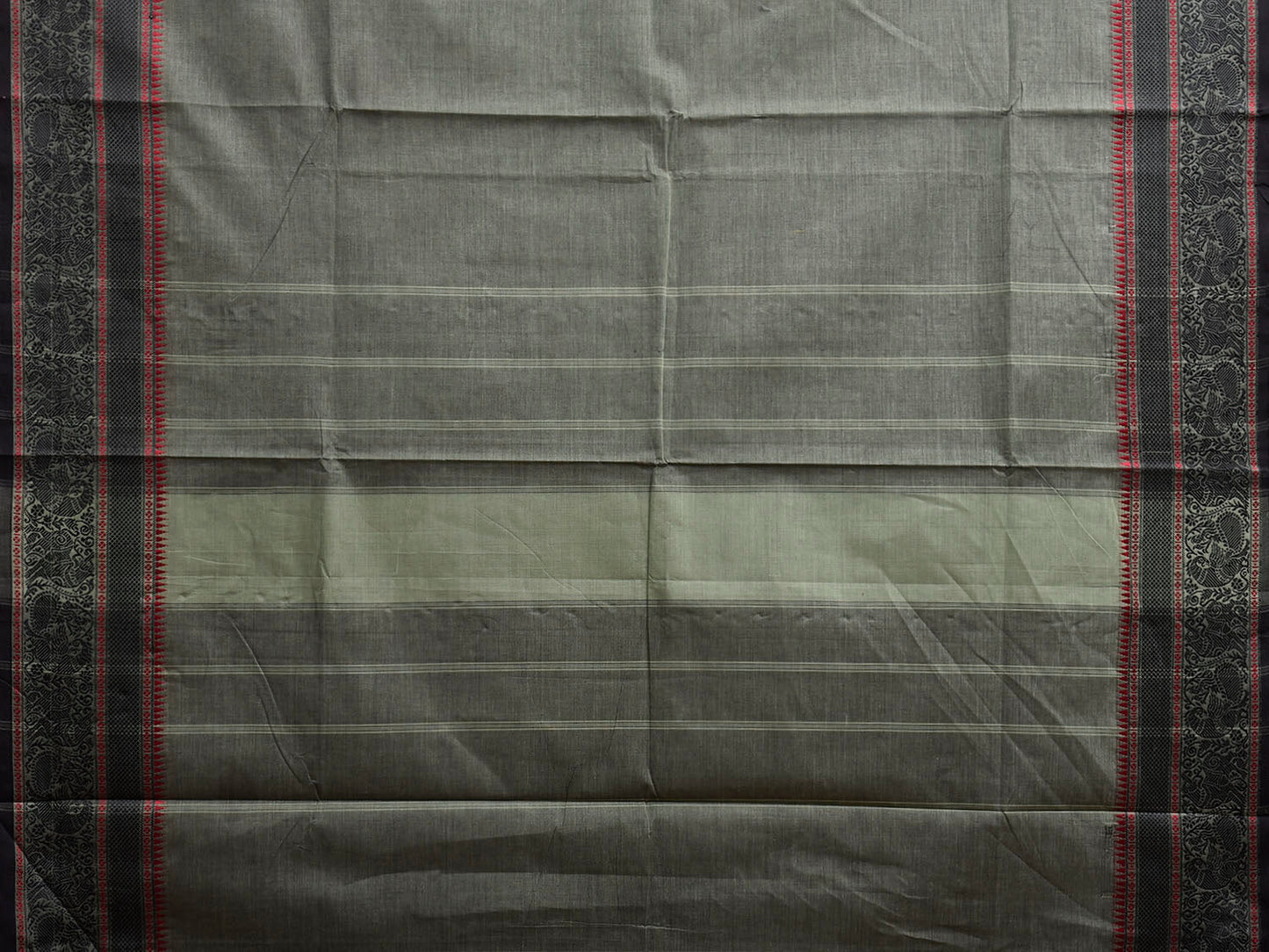 Sea Green and Black Kanchipuram Cotton Plain Saree with Border and Strips Pallu Design k0922