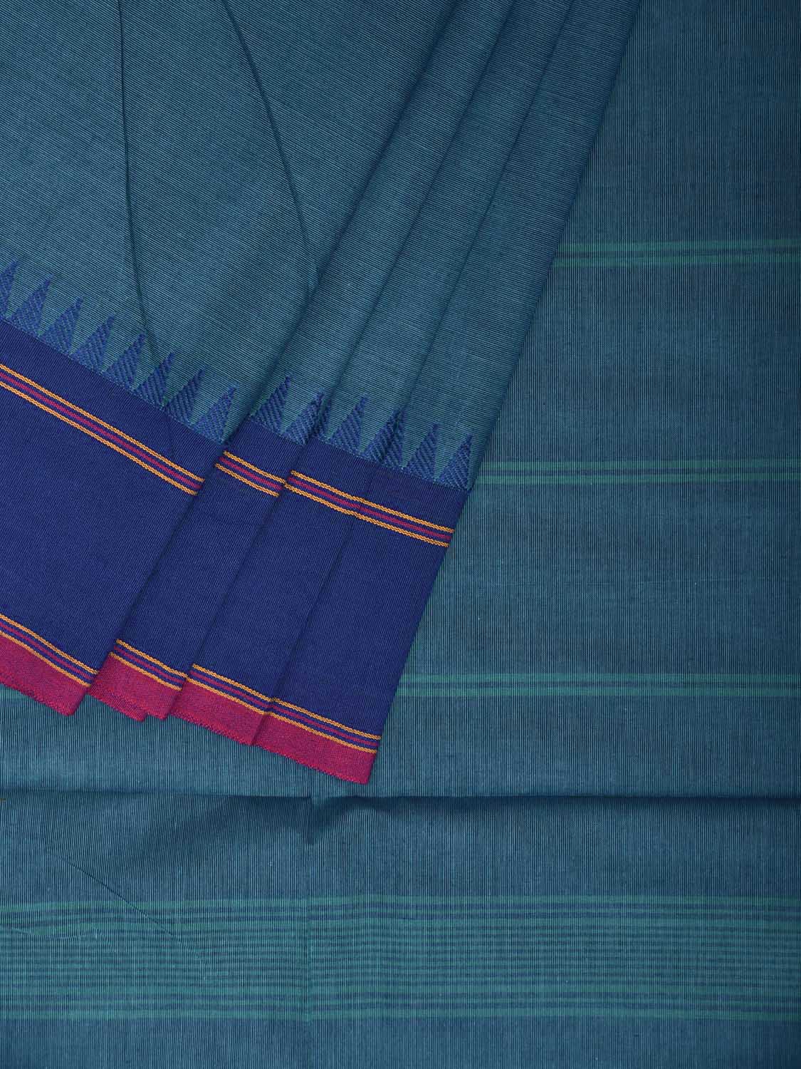 Teal and Blue Kanchipuram Cotton Plain Saree with Strips Pallu Design k0923