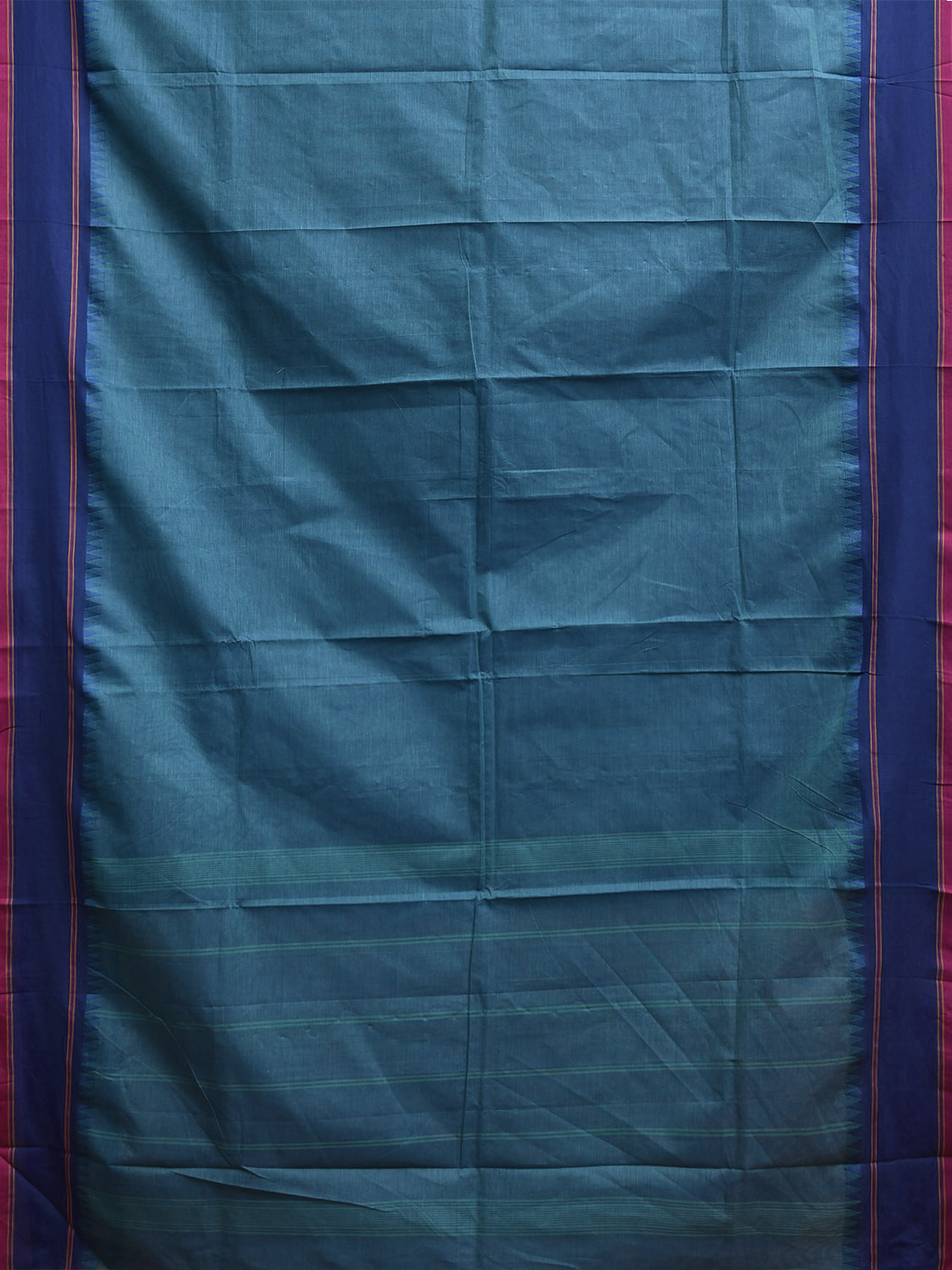 Teal and Blue Kanchipuram Cotton Plain Saree with Strips Pallu Design k0923