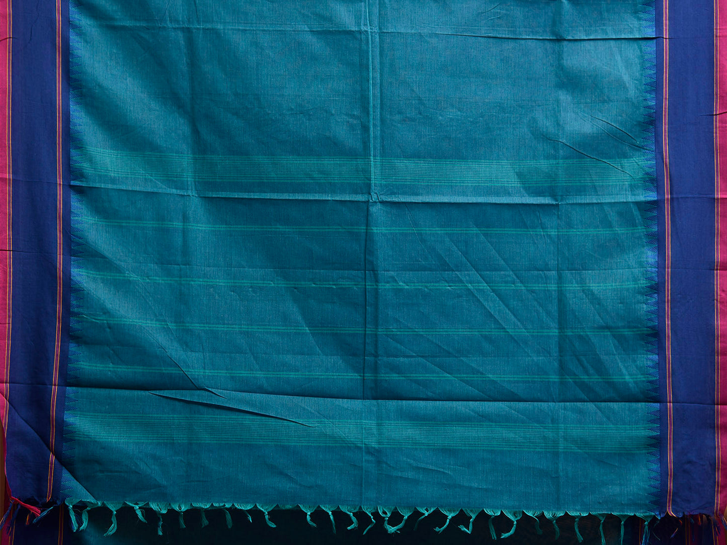 Teal and Blue Kanchipuram Cotton Plain Saree with Strips Pallu Design k0923