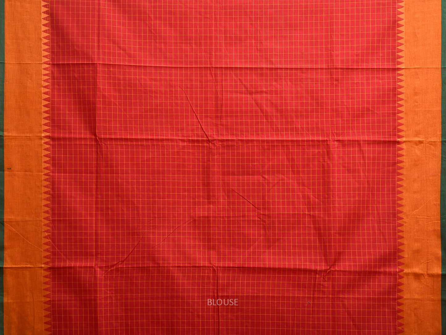 Red and Orange Kanchipuram Cotton Saree with Checks and Strips Pallu Design k0924