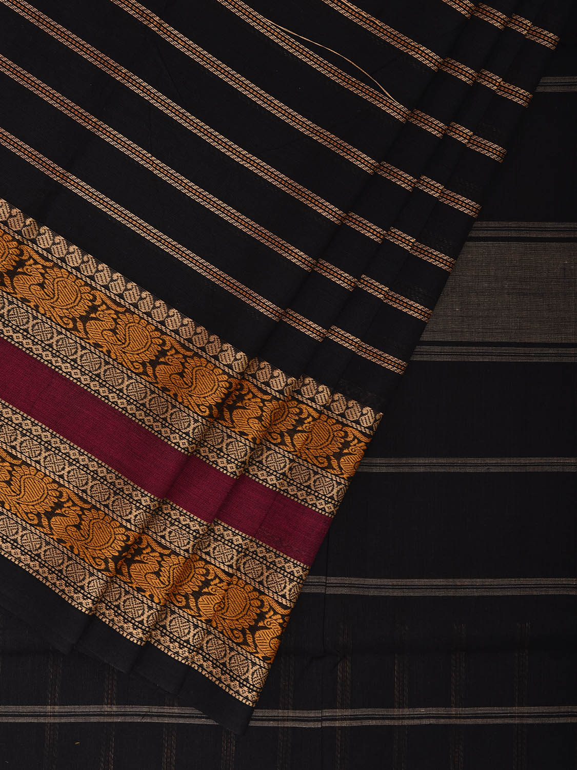 Black Kanchipuram Cotton Saree with Strips and Border Design k0926