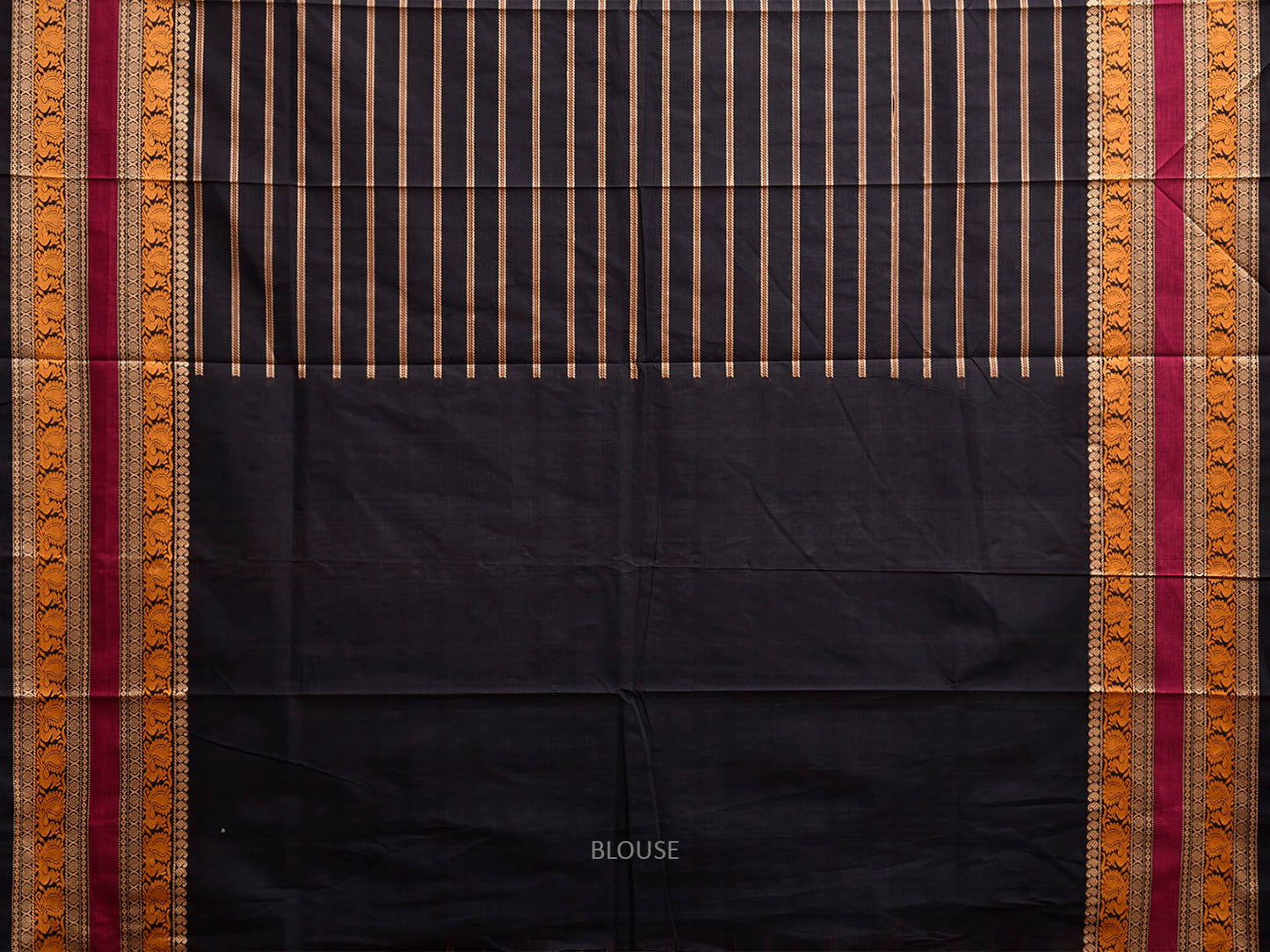 Black Kanchipuram Cotton Saree with Strips and Border Design k0926