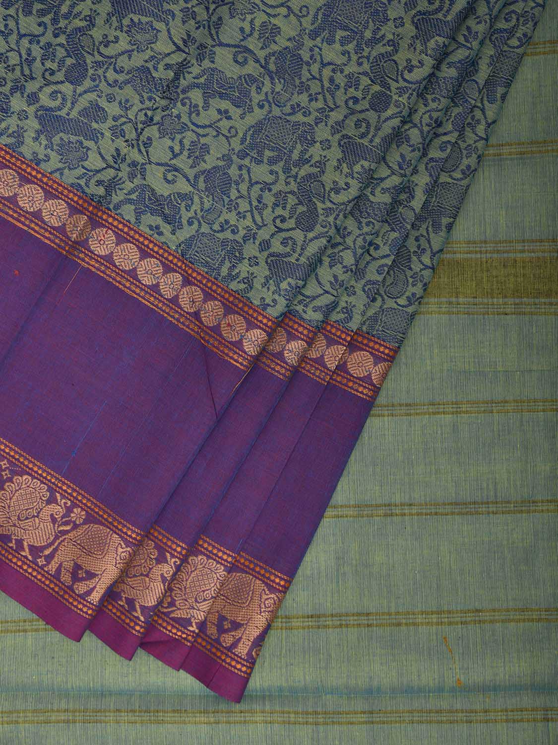 Turquoise and Purple Kanchipuram Cotton Saree with Middle Brocade Design k0930
