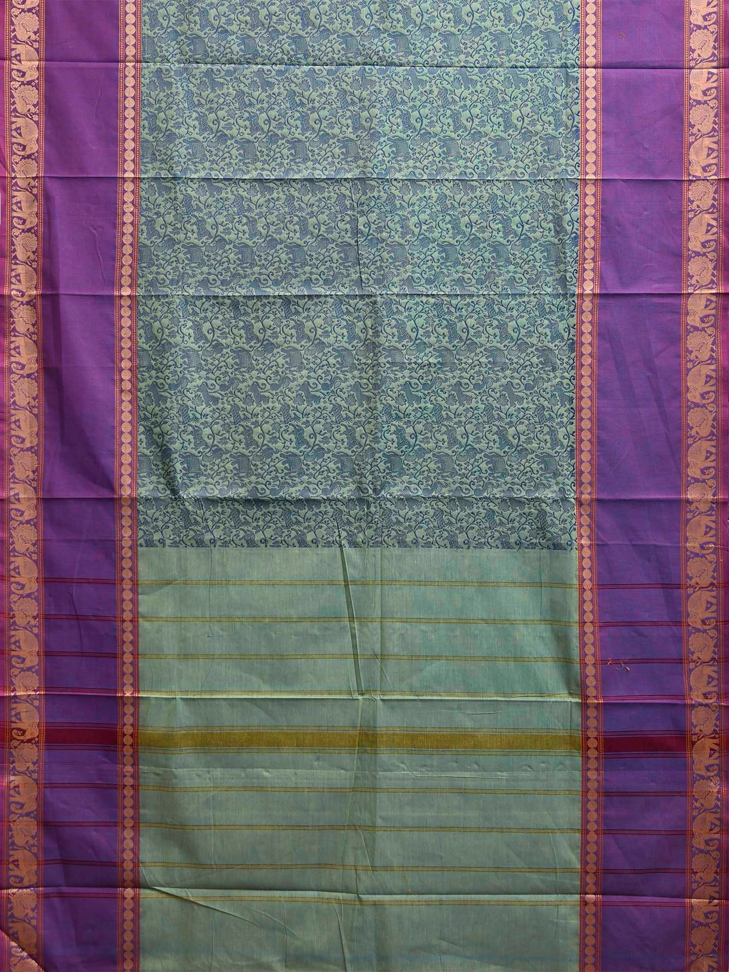 Turquoise and Purple Kanchipuram Cotton Saree with Middle Brocade Design k0930
