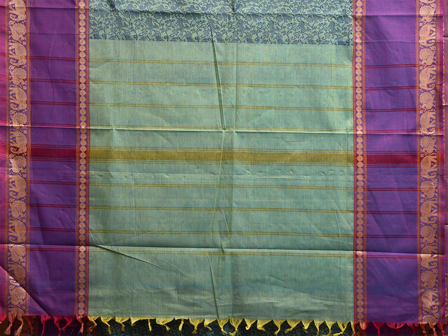 Turquoise and Purple Kanchipuram Cotton Saree with Middle Brocade Design k0930