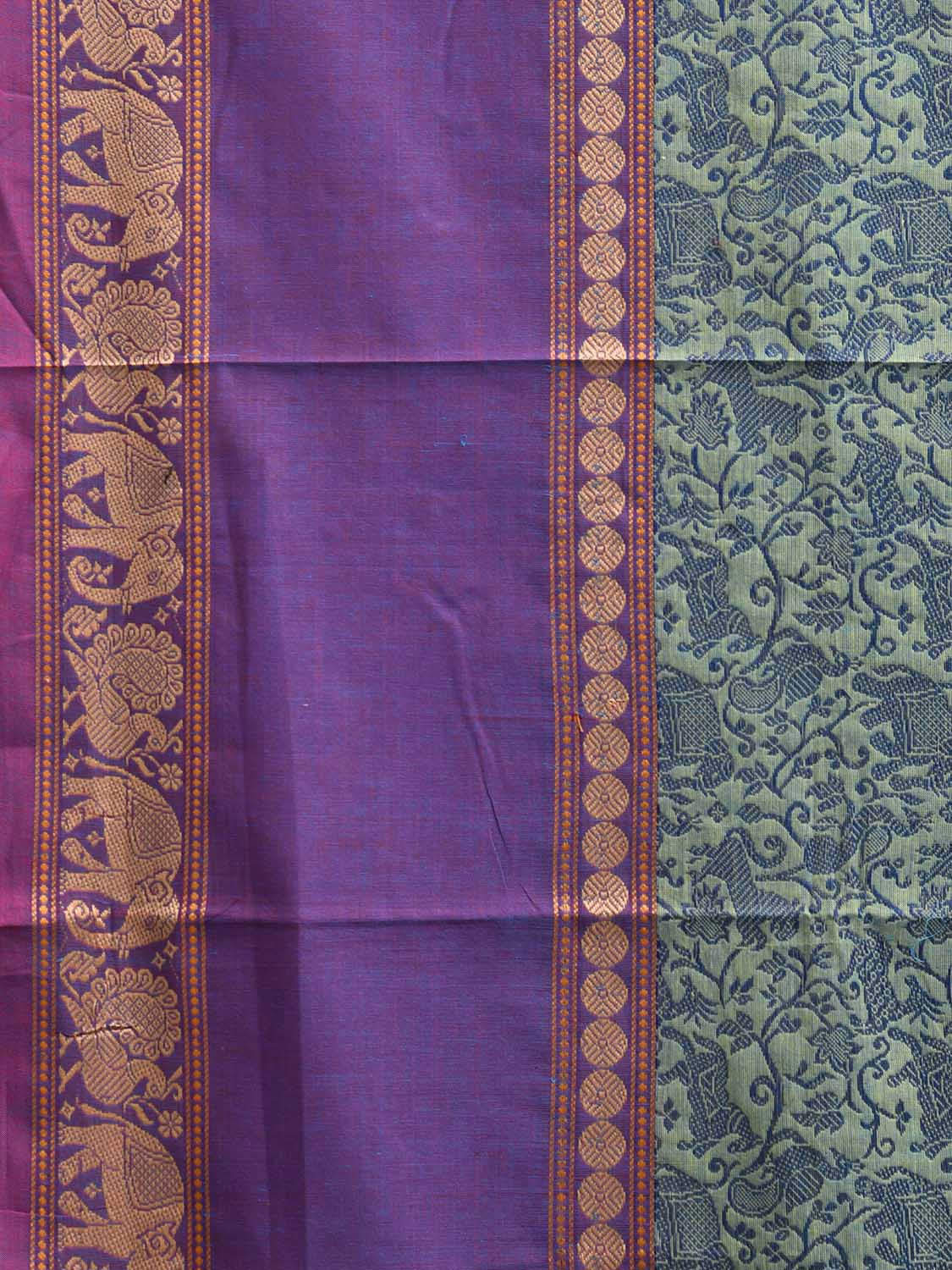 Turquoise and Purple Kanchipuram Cotton Saree with Middle Brocade Design k0930