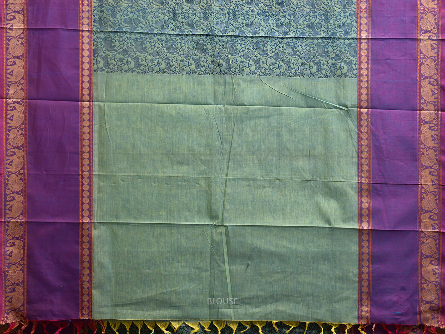 Turquoise and Purple Kanchipuram Cotton Saree with Middle Brocade Design k0930