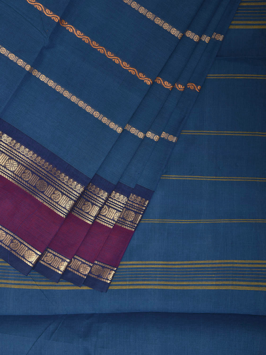 Teal and Purple Kanchipuram Cotton Saree with Strips Design k0931