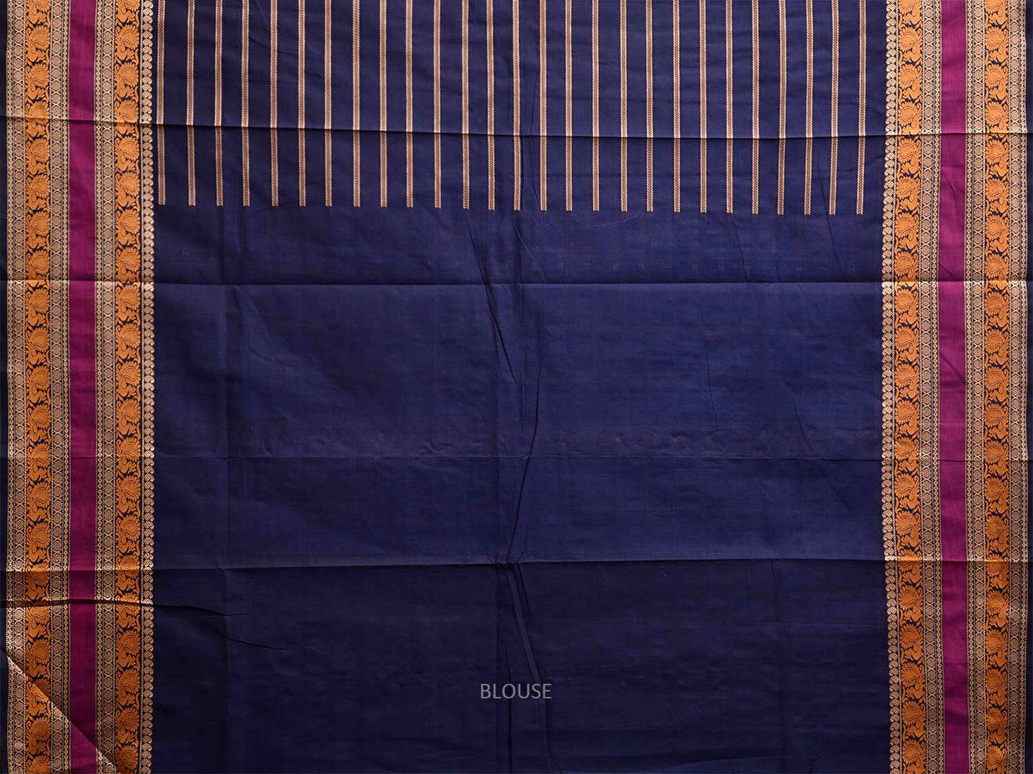 Navy Kanchipuram Cotton Saree with Strips and Border Design k0932