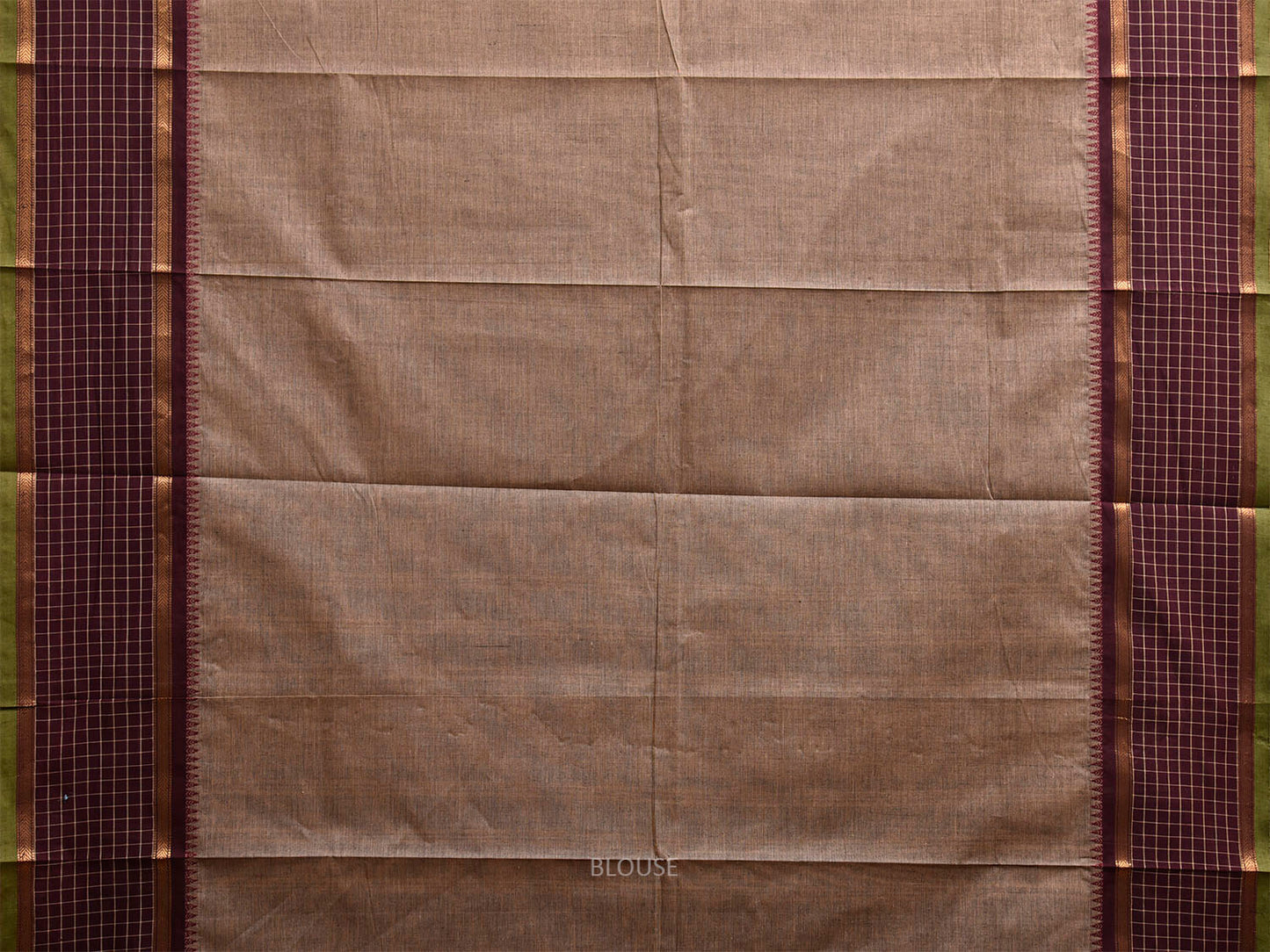 Khaki and Brown Kanchipuram Cotton Plain Saree with Checks Border Design k0935