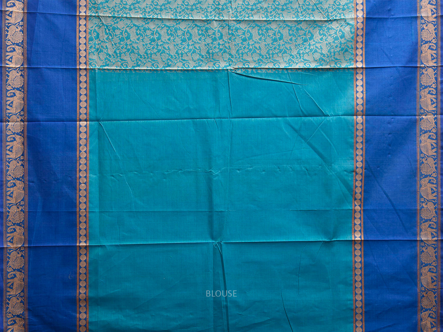 Blue and Turquoise Kanchipuram Cotton Saree with Middle Brocade Design k0936