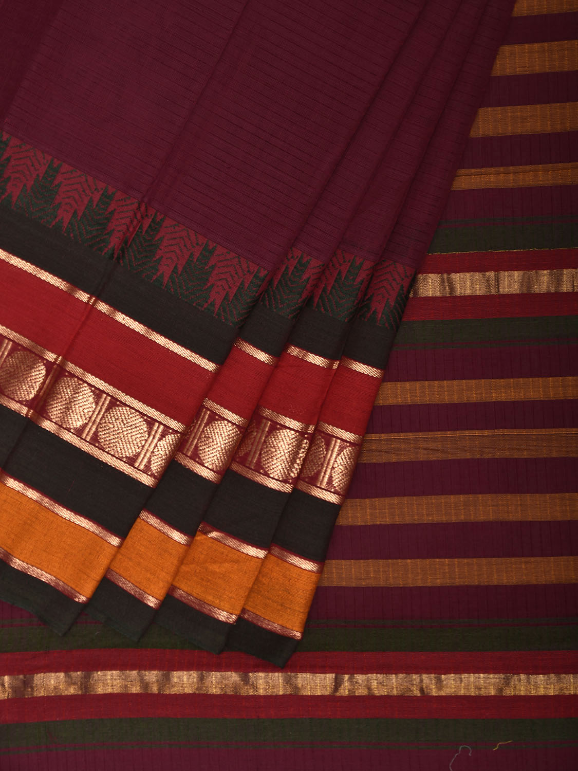 Wine Kanchipuram Cotton Saree with One Side Big Temple Border k0938