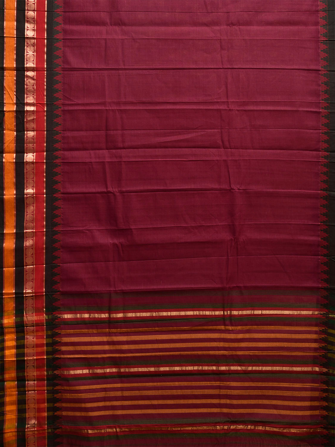 Wine Kanchipuram Cotton Saree with One Side Big Temple Border k0938