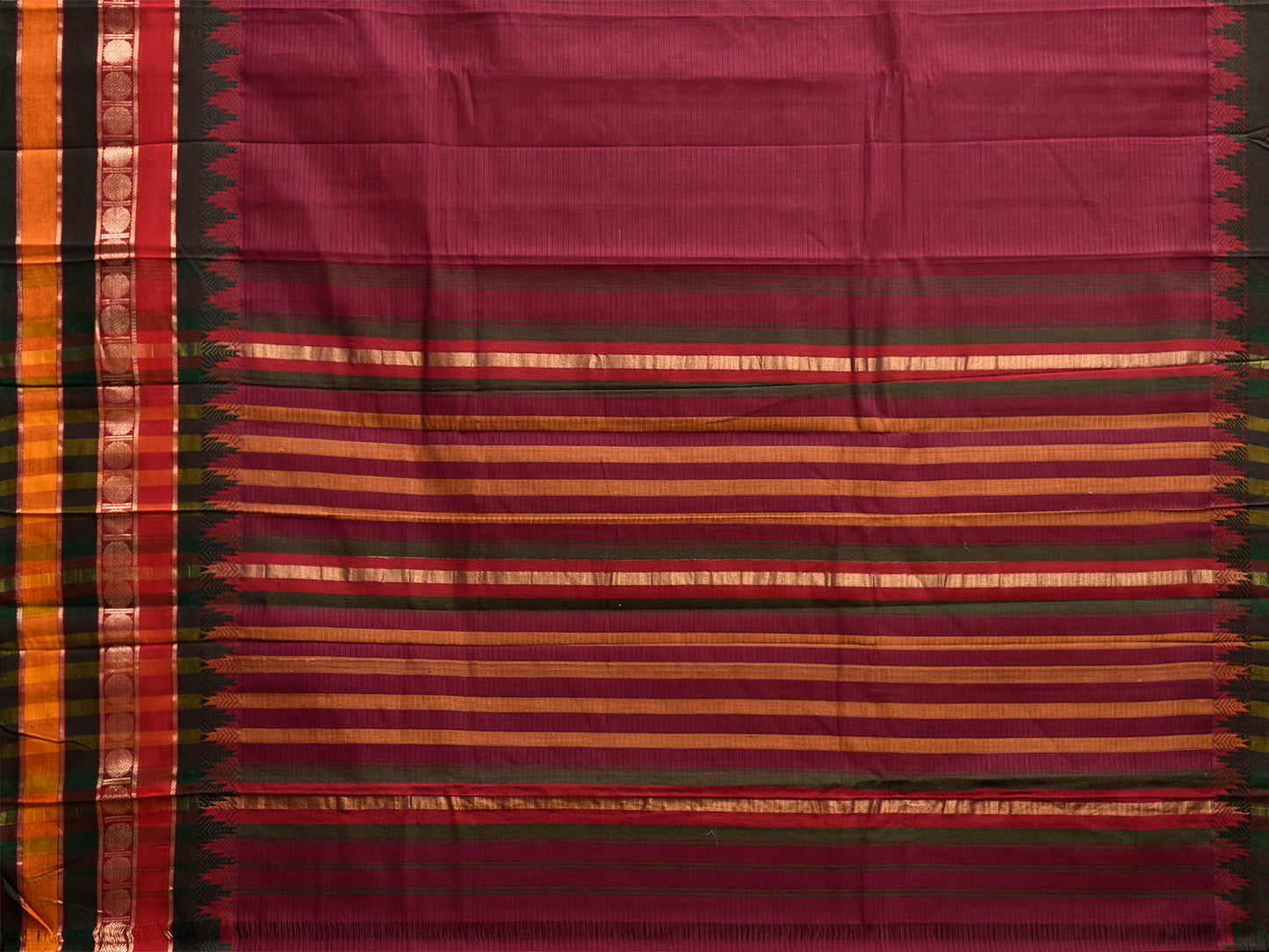 Wine Kanchipuram Cotton Saree with One Side Big Temple Border k0938
